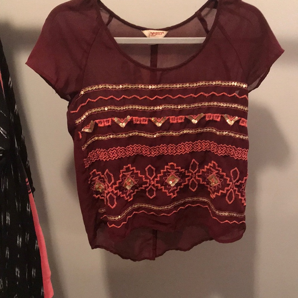 Sheer burgundy beaded shirt